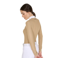 Polo de competição feminino de mangas compridas com botões Equestro Bege Polo de competição feminino de mangas compridas com botões Equestro Bege
