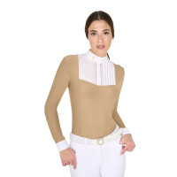 Polo de competição feminino de mangas compridas com pregas em algodão Equestro Incenso