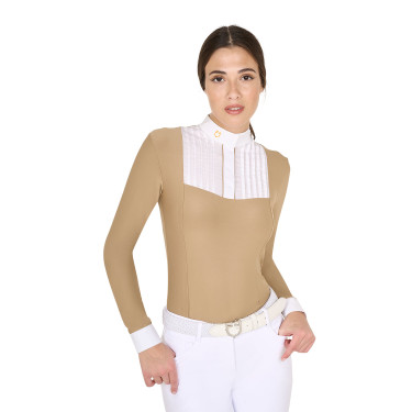 Polo de competição feminino de mangas compridas com pregas em algodão Equestro Polo de competição feminino de mangas compridas com pregas em algodão Equestro