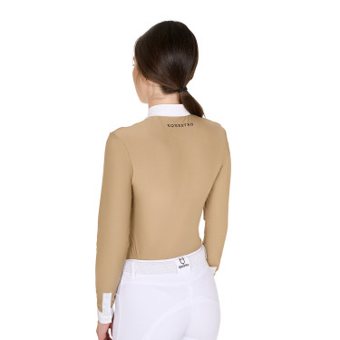 Polo de competição feminino de mangas compridas com pregas em algodão Equestro Polo de competição feminino de mangas compridas com pregas em algodão Equestro