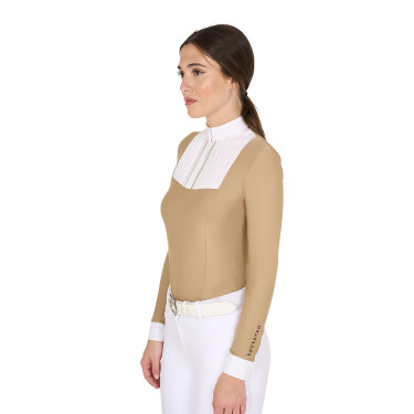 Polo de competição feminino de mangas compridas com pregas em algodão Equestro Polo de competição feminino de mangas compridas com pregas em algodão Equestro
