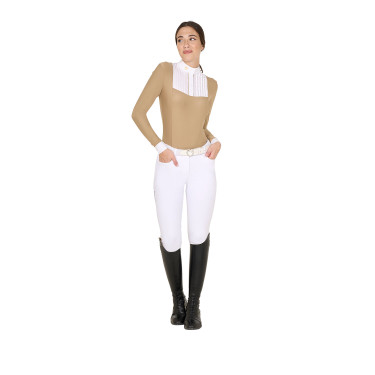 Polo de competição feminino de mangas compridas com pregas em algodão Equestro Polo de competição feminino de mangas compridas com pregas em algodão Equestro