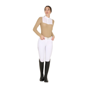 Pólo de competição Feminino de Manga Comprida com Strass Equestro Bege Pólo de competição Feminino de Manga Comprida com Strass Equestro Bege