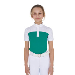 Polo Feminino de Concurso com Mangas Curtas e Botões com Mesh Equestro Verde ultramarino