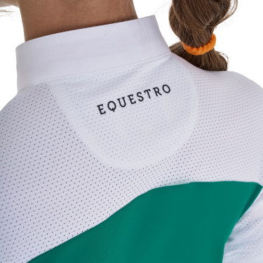 Polo Feminino de Concurso com Mangas Curtas e Botões com Mesh Equestro Verde ultramarino