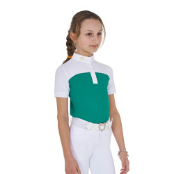 Polo Feminino de Concurso com Mangas Curtas e Botões com Mesh Equestro Verde ultramarino