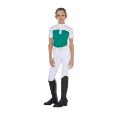 Polo Feminino de Concurso com Mangas Curtas e Botões com Mesh Equestro Verde ultramarino