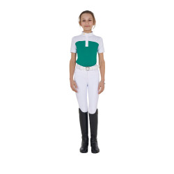 Polo Feminino de Concurso com Mangas Curtas e Botões com Mesh Equestro Verde ultramarino