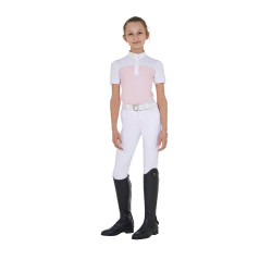 Polo Feminino de Concurso com Mangas Curtas e Botões com Mesh Equestro Bailarina Rosa