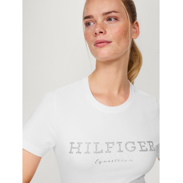 Camiseta Tommy Hilfiger Equestrian Belmont de manga curta com strass feminina Branco Camiseta Tommy Hilfiger Equestrian Belmont de manga curta com strass feminina Branco