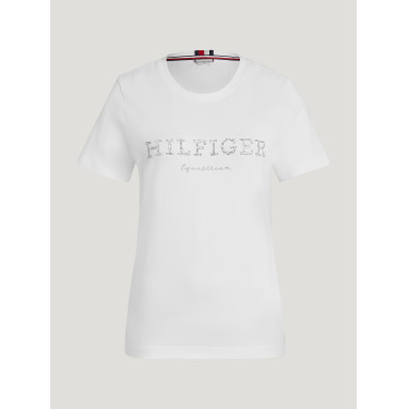Camiseta Tommy Hilfiger Equestrian Belmont de manga curta com strass feminina Branco Camiseta Tommy Hilfiger Equestrian Belmont de manga curta com strass feminina Branco