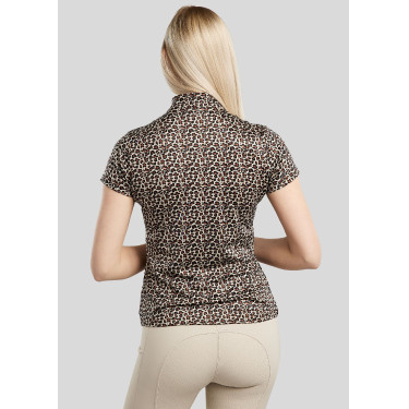 Camiseta de treino Montar de mangas curtas MoLeonora estampada com estampa de leopardo feminina Camiseta de treino Montar de mangas curtas MoLeonora estampada com estampa de leopardo feminina