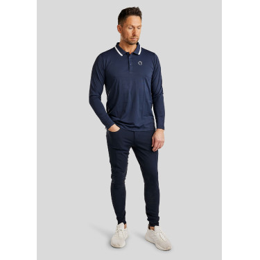 Polo de montar MoDrake masculino com gola contrastante e mangas compridas Marinho escuro Azul