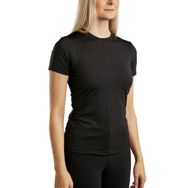 T-shirt de malha de mangas curtas Montar MoStella com logótipo impresso a laser para mulher Preto T-shirt de malha de mangas curtas Montar MoStella com logótipo impresso a laser para mulher Preto