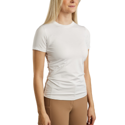T-shirt de malha de mangas curtas Montar MoStella com logótipo impresso a laser para mulher