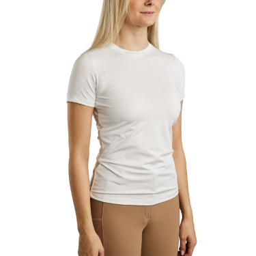 T-shirt de malha de mangas curtas Montar MoStella com logótipo impresso a laser para mulher T-shirt de malha de mangas curtas Montar MoStella com logótipo impresso a laser para mulher
