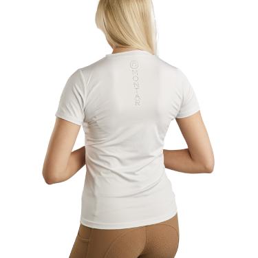 T-shirt de malha de mangas curtas Montar MoStella com logótipo impresso a laser para mulher T-shirt de malha de mangas curtas Montar MoStella com logótipo impresso a laser para mulher