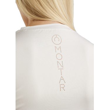 T-shirt de malha de mangas curtas Montar MoStella com logótipo impresso a laser para mulher T-shirt de malha de mangas curtas Montar MoStella com logótipo impresso a laser para mulher
