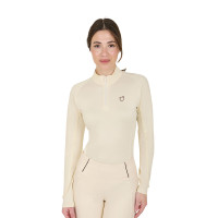 Camada base ajustada de manga comprida feminina em tecido técnico Equestro Branco antigo / castanho Camada base ajustada de manga comprida feminina em tecido técnico Equestro Branco antigo / castanho