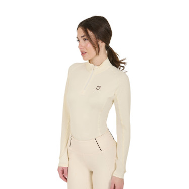 Camada base ajustada de manga comprida feminina em tecido técnico Equestro Branco antigo / castanho