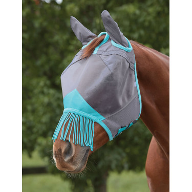 Máscara anti-moscas Weatherbeeta ComFiTec Deluxe Mesh com orelhas e franjas Cinza / turquesa Cinzento Máscara anti-moscas Weatherbeeta ComFiTec Deluxe Mesh com orelhas e franjas Cinza / turquesa Cinzento