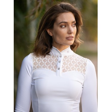 Pólo de concurso Equestrian Stockholm Crystal Champion feminino de mangas compridas Branco perfeição Pólo de concurso Equestrian Stockholm Crystal Champion feminino de mangas compridas Branco perfeição