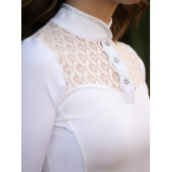 Pólo de concurso Equestrian Stockholm Crystal Champion feminino de mangas compridas Branco perfeição Pólo de concurso Equestrian Stockholm Crystal Champion feminino de mangas compridas Branco perfeição