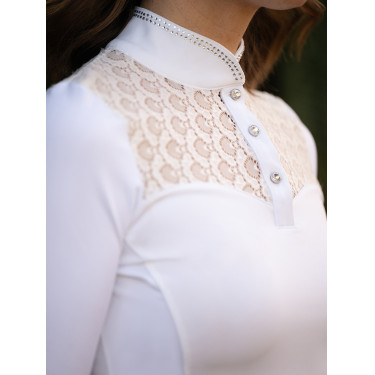 Pólo de concurso Equestrian Stockholm Crystal Champion feminino de mangas compridas Branco perfeição Pólo de concurso Equestrian Stockholm Crystal Champion feminino de mangas compridas Branco perfeição