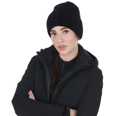 Gorro Equestro unissexo em lã canelada com logótipo Preto