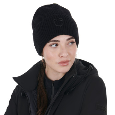 Gorro Equestro unissexo em lã canelada com logótipo Preto