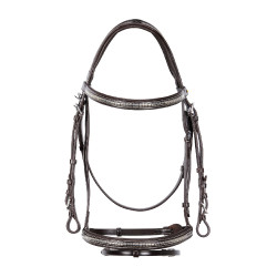 Cabeçada inglesa de couro com clincher em níquel prateado NP Equestro Castanho escuro