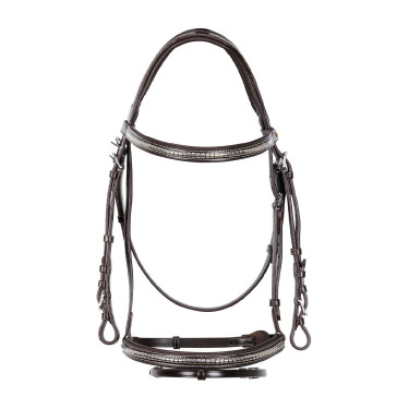 Cabeçada inglesa de couro com clincher em níquel prateado NP Equestro Castanho escuro