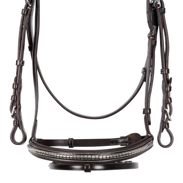 Cabeçada inglesa de couro com clincher em níquel prateado NP Equestro Castanho escuro