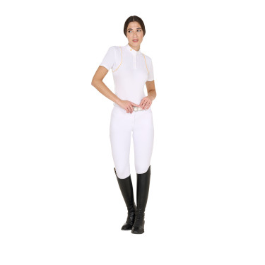 Polo de competição Feminino de Mangas Curtas com Botões Equestro Branco / amarelo