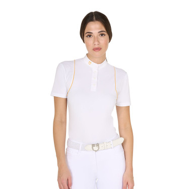 Polo de competição Feminino de Mangas Curtas com Botões Equestro Branco / amarelo