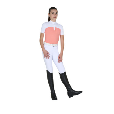 Polo Feminino de Concurso com Mangas Curtas e Botões com Mesh Equestro Flor do deserto Rosa