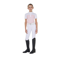 Polo Feminino de Concurso com Mangas Curtas e Botões com Mesh Equestro Bailarina Rosa