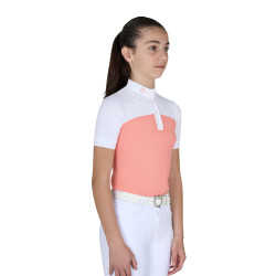 Polo Feminino de Concurso com Mangas Curtas e Botões com Mesh Equestro Flor do deserto Rosa