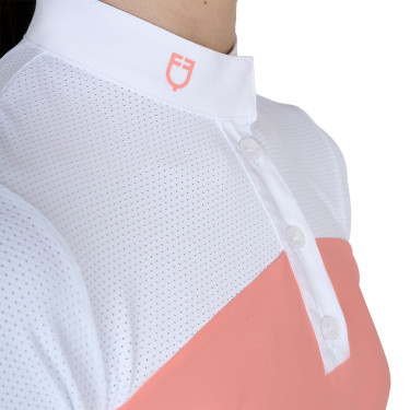 Polo Feminino de Concurso com Mangas Curtas e Botões com Mesh Equestro Flor do deserto Rosa