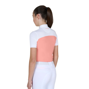 Polo Feminino de Concurso com Mangas Curtas e Botões com Mesh Equestro Flor do deserto Rosa