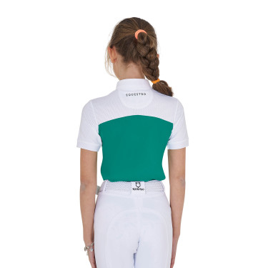 Polo Feminino de Concurso com Mangas Curtas e Botões com Mesh Equestro Verde ultramarino