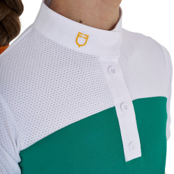 Polo Feminino de Concurso com Mangas Curtas e Botões com Mesh Equestro Verde ultramarino