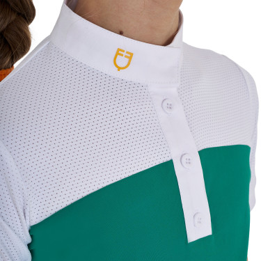 Polo Feminino de Concurso com Mangas Curtas e Botões com Mesh Equestro Verde ultramarino