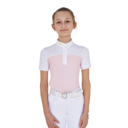 Polo Feminino de Concurso com Mangas Curtas e Botões com Mesh Equestro Bailarina Rosa