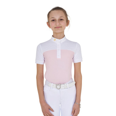 Polo Feminino de Concurso com Mangas Curtas e Botões com Mesh Equestro Bailarina Rosa