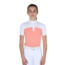 Polo Feminino de Concurso com Mangas Curtas e Botões com Mesh Equestro Flor do deserto Rosa