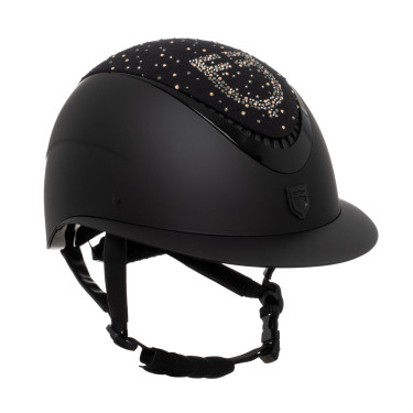 Capacete Equestro fosco com pala larga e logótipo em strass homologado EN 1384-2023 Preto / preto brilhante Capacete Equestro fosco com pala larga e logótipo em strass homologado EN 1384-2023 Preto / preto brilhante