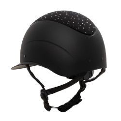 Capacete Equestro fosco com pala larga e logótipo em strass homologado EN 1384-2023 Preto / preto brilhante