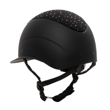 Capacete Equestro fosco com pala larga e logótipo em strass homologado EN 1384-2023 Preto / preto brilhante Capacete Equestro fosco com pala larga e logótipo em strass homologado EN 1384-2023 Preto / preto brilhante