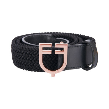 Cinto Equestro de couro elástico com fivela rose gold com logotipo Preto